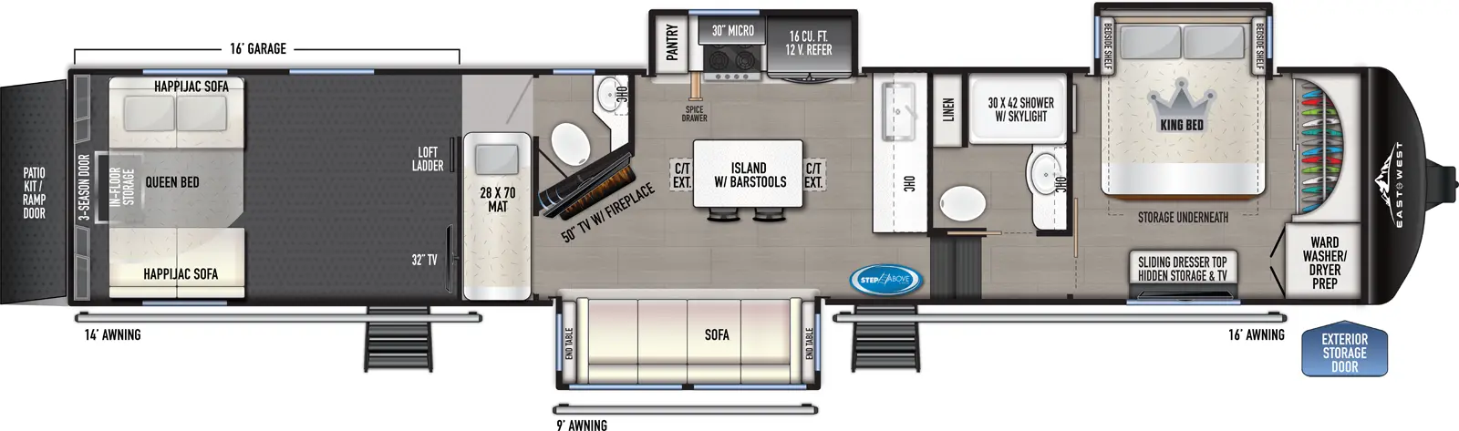 The 400TH has three slideouts, two entries, and a rear ramp door. Exterior features 10 foot, 9 foot, and 16 foot awnings, and a ramp door patio kit. Interior layout front to back: front wardrobe with washer/dryer prep, off-door side king bed slideout with shelves on each side, storage underneath, and door side dresser with hidden storage, and TV; off-door side full bathroom with linen closet; steps down to main living area and entry; kitchen counter with sink and overhead cabinet along inner wall; off-door side slideout with 12V refrigerator, cooktop, microwave, pantry, and spice drawer; kitchen island with barstools and countertop extensions; door side slideout with sofa and end tables on each side; angled TV with fireplace along inner wall; rear garage with half bathroom, loft with mat, TV, second entry, opposing happi-jac sofas with queen bed above, in-floor storage, and three season door for rear patio/ramp. Garage Dimensions: 11 foot from rear to main living area.